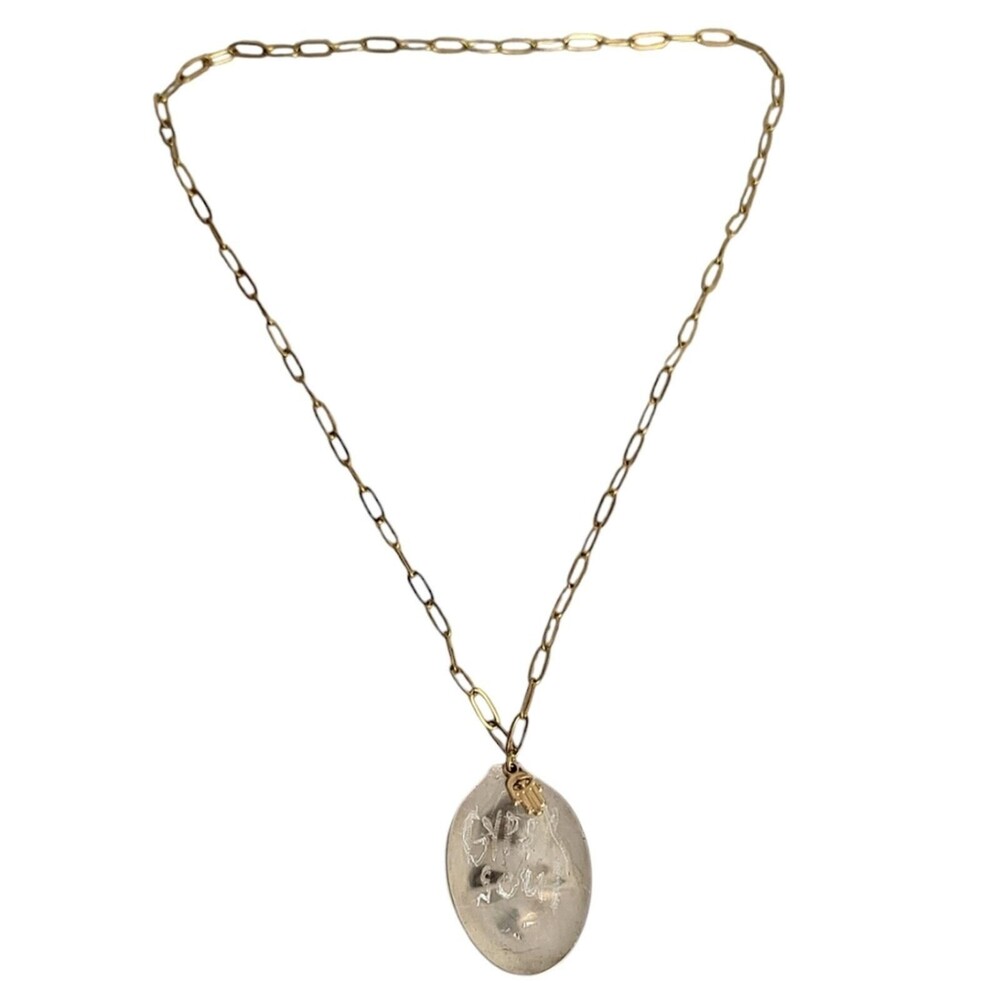 Engraved Hamsa Hand Spoon Necklace: Boho Paperclip Chain Talisman